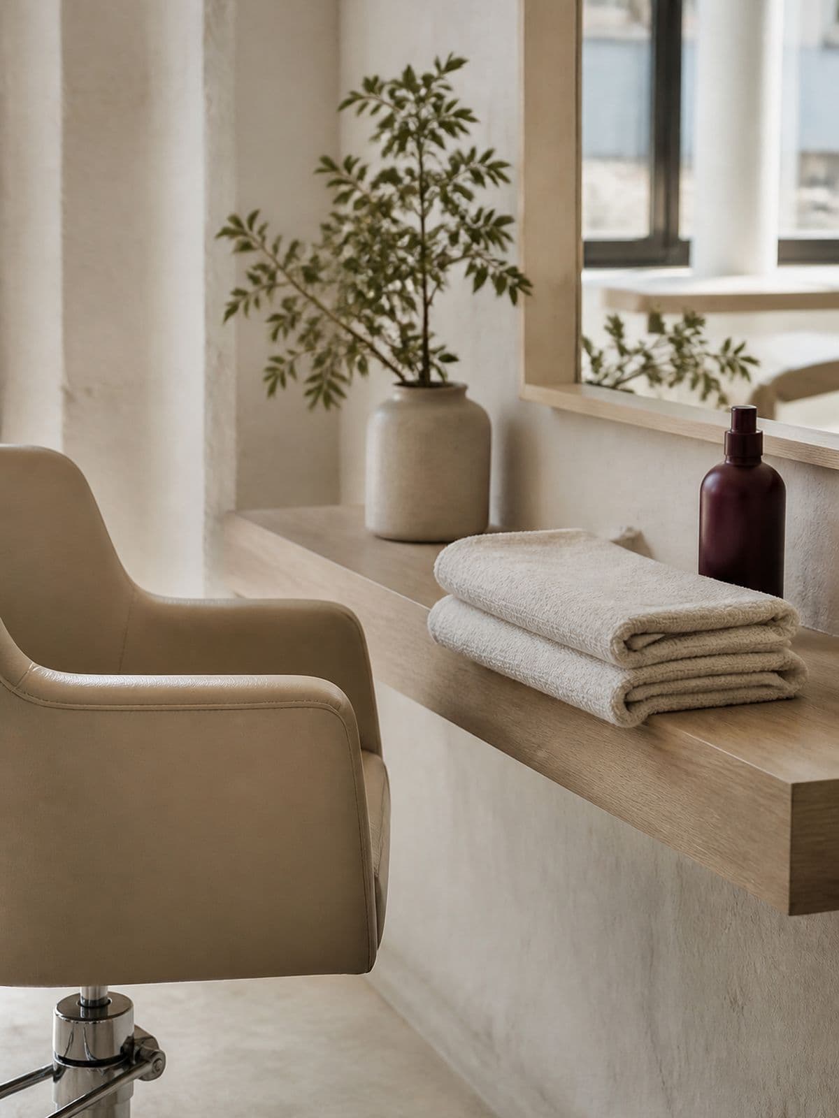 A single chair, a folded towel and a plum-coloured bottle beside a plant.